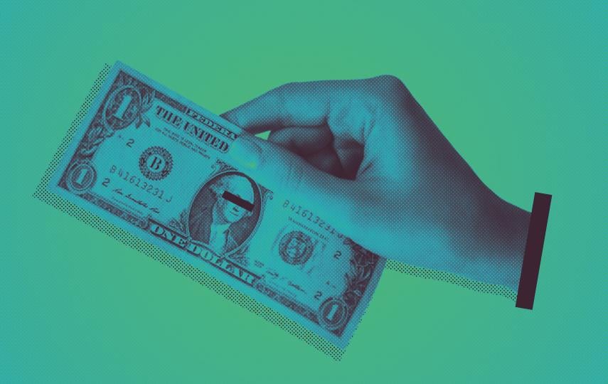 Stylised image of a photo showing a hand holding a U.S. dollar.