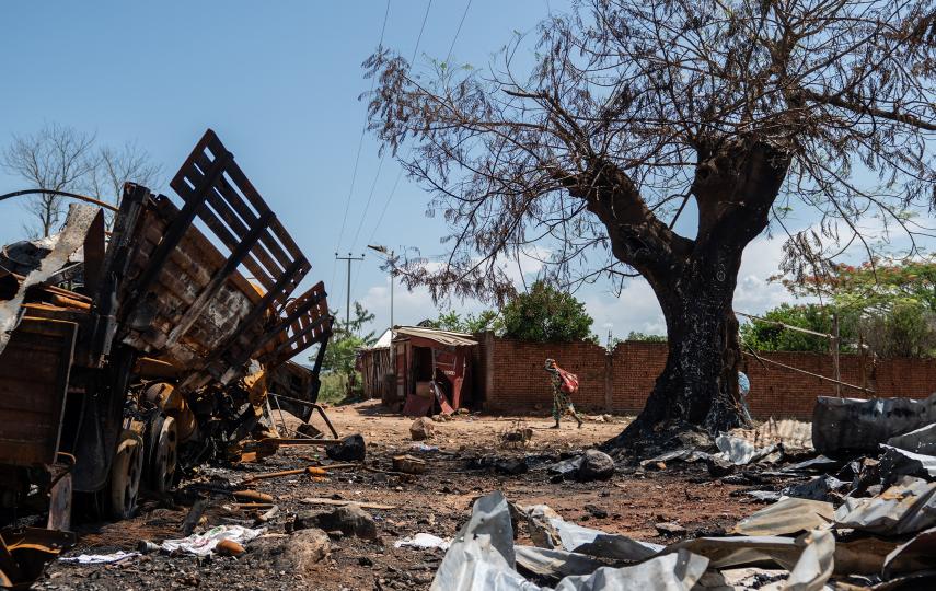 A vehicle destroyed during clashes between the M23 armed group and the Congolese army in a town just north of the city of Uvira, in South Kivu province.