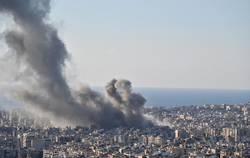 Smoke rises over the Bourj al-Barajneh area of southern Beirut after intense Israeli airstrikes, on 2 March 2026.