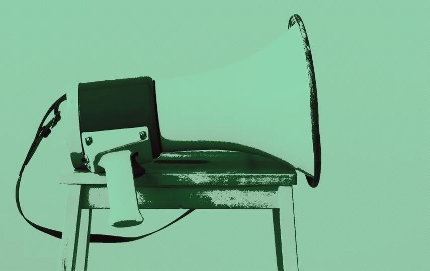 A stylised image of a loudpseaker on a chair. 