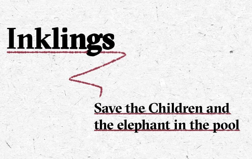 Image with the word “Inklings” in large black bold text, underlined with a dashed red line that curves downward in a zigzag shape. Below, in smaller black bold text, is the subtitle “Save the Children and the elephant in the pool,” also underlined with a dashed red line. The background is light grey with a subtle paper texture.