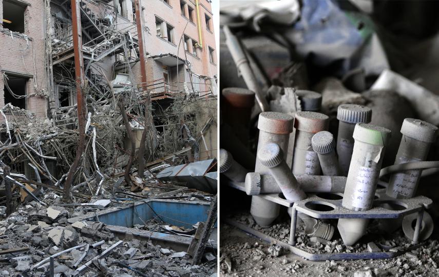A collage of two images, on the left the exterior of the Pasteur Institute of Iran in Tehran and the right a closeup of lab vials covered in dust. Both show the effects of the heavy damage at the Pasteur Institute of Iran in Tehran, Iran on April 13, 2026, following military strikes launched by the United States and Israel on February 28.