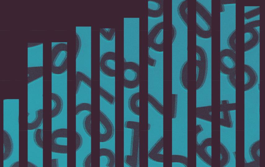 A stylised image showing an overlay of numbers on bars in a bar chart. The image has a gradient from teal to dark purple.