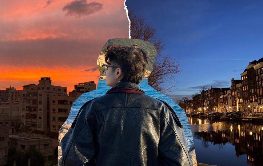 Rita Baroud is pictured from the back. To the left is a photo of a sunset in Gaza City, and to the right a canal in Amsterdam.