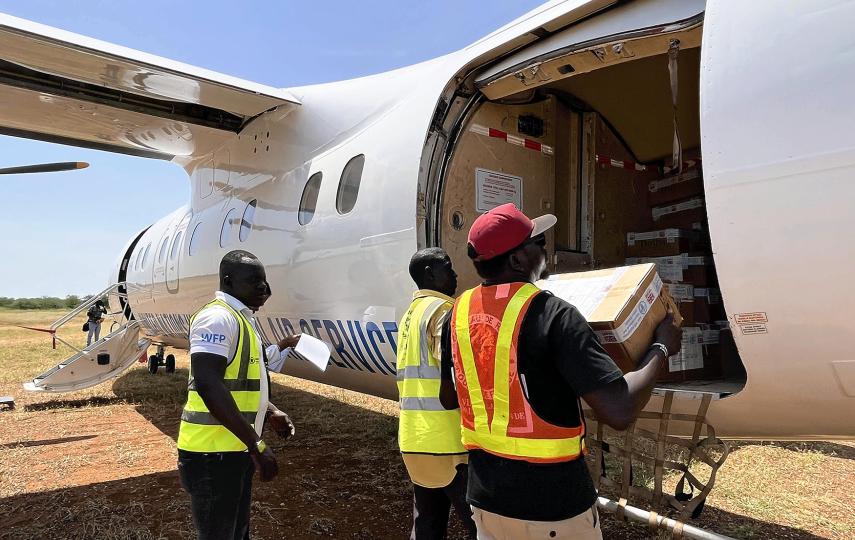 A photo shows a World Food Programme (WFP) aircraft transporting humanitarian aid workers and supplies in Renk in northern South Sudan, on October 15, 2025.