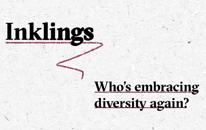 Image with the word “Inklings” in large black bold text, underlined with a dashed red line that curves downward in a zigzag shape. Below, in smaller black bold text, is the subtitle “Who’s embracing diversity again?,” also underlined with a dashed red line. The background is light grey with a subtle paper texture.