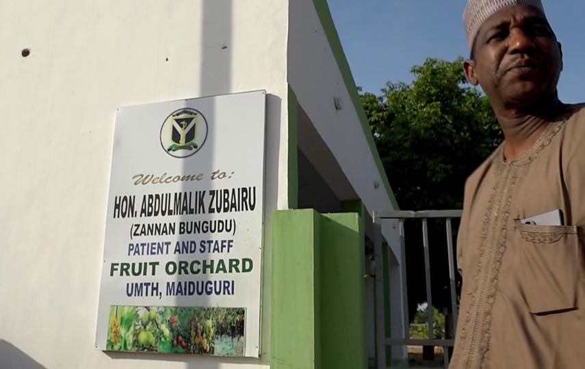 Professor Ahmed Ahijo, Chief Medical Director at the University of Maiduguri Teaching Hospital, stands in front of the hospital's orchard. 