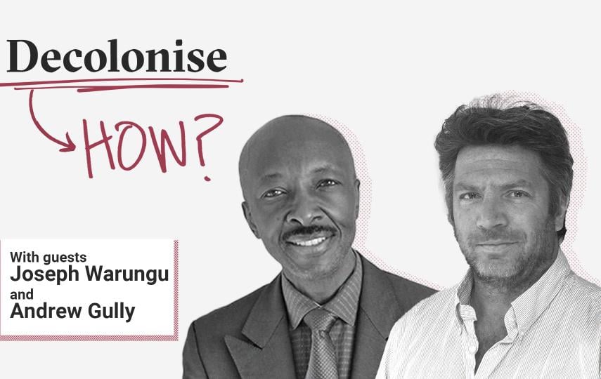 Header image for episode 1 of the Decolonise How? podcast. On the top left we see the logo of the podcast which shows the word "Decolonise" in a serif font, underlined in red and in a handwritten style the word "HOW?" below it. Further below we see the names of the guests: Joseph Warungu and Andrew Gully. To the right are portraits of the guests in black and white with a halftone pattern shadow. 