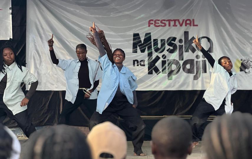 A dance collective performs on stage at the Musika Na Kipaji festival on 29 March, in Goma, eastern Democratic Republic of the Congo. 