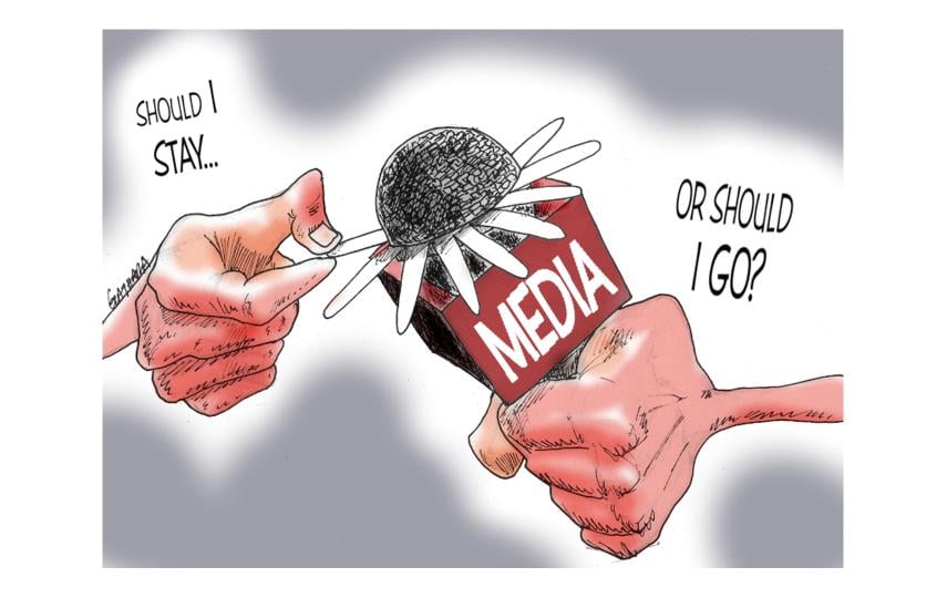 A cartoon showing two hands. One holds a media microphone with petals around it as the other hand plucks each petal. Text on the image reads: Should I stay or should i go?