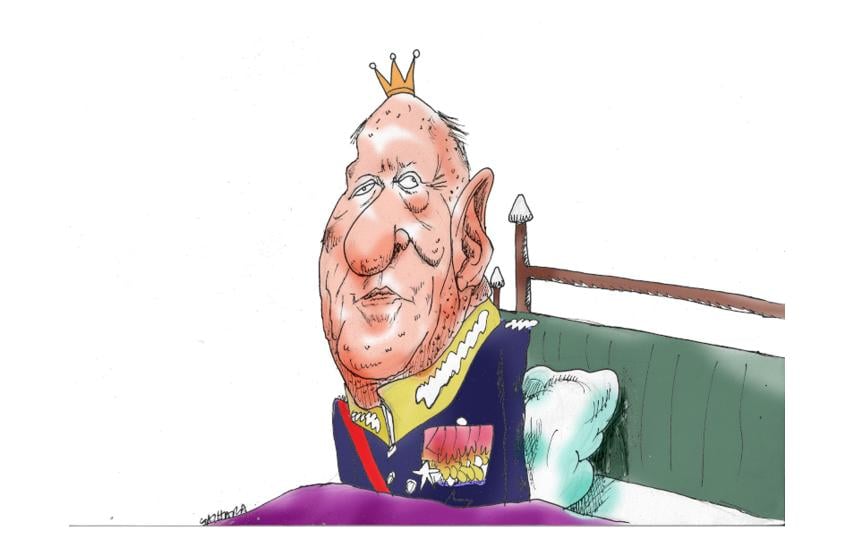 A political cartoon showing Norwegian King Harald V sitting in bed wearing a crown.