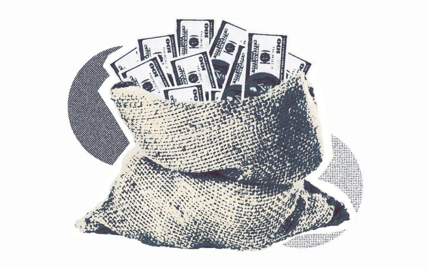 A burlap sack overflowing with $100 bills, illustrated in a high-contrast, halftone print style with navy blue and cream tones. Halftone circles appear in the background