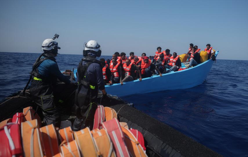 Crew of the NGO rescue ship Sea-Watch 5, operated by the German NGO Sea-Watch rescuing people from a migrant boat off the coast of Libya in August 2025.