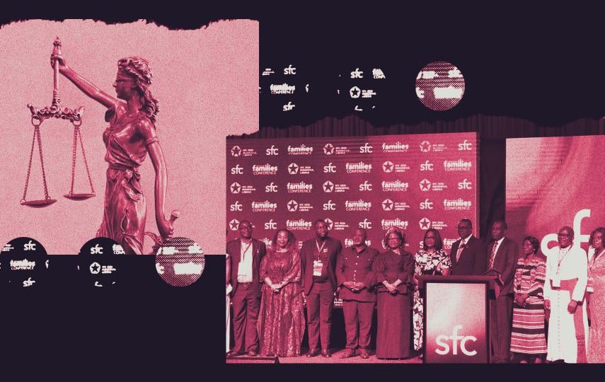 A composite image done in the style of an editorial collage. On the left a cut out of a photo showing a statue of Lady Justice. On the right an images showing attendees of the Strengthening Families Conference (SCF) in Monrovia, Liberia.