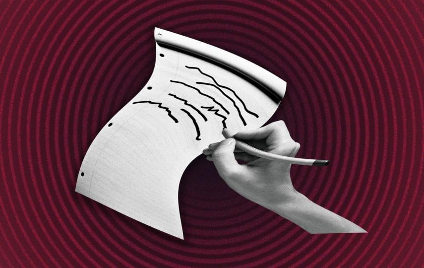 A distorted hand writes on a note pad over a concentric circle background.
