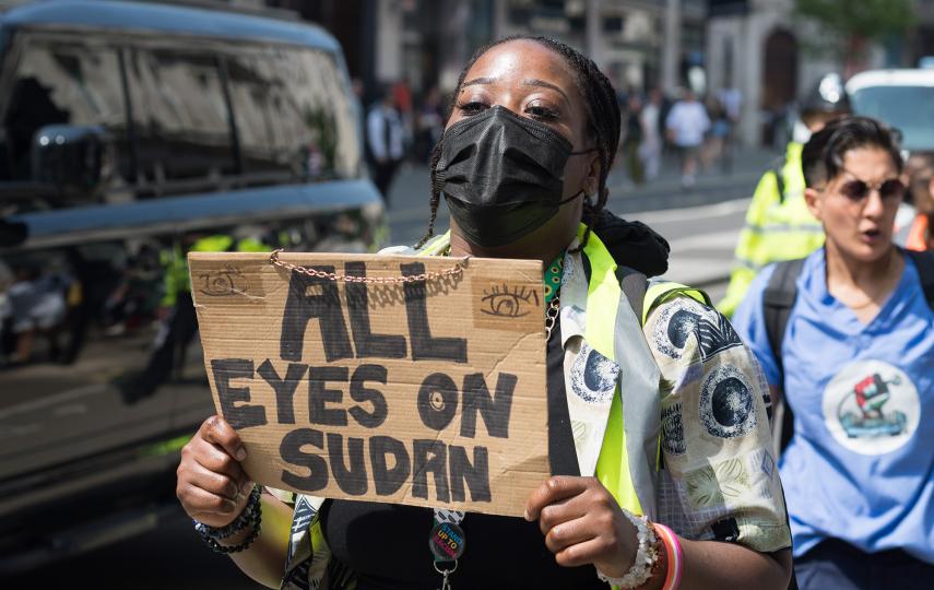 Demonstrators take part in a protest march to draw attention to the civil war in Sudan as the conflict between Sudan's army and a paramilitary group has been ongoing for over a year in London, United Kingdom on May 11, 2024.