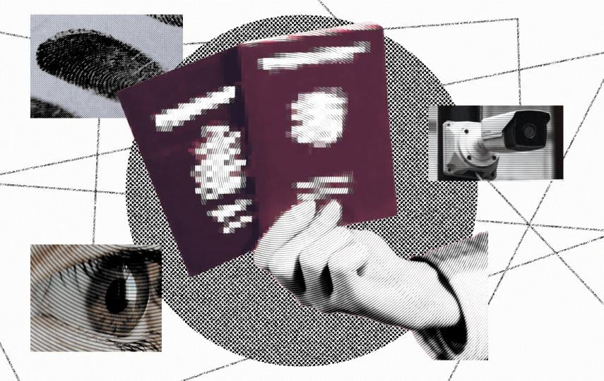 A high contrast image of a hand holding two passports. The entire image is heavily edited. The passports are pixelated and images of a surveillance camera, a fingerprint and an eye along with a texturised circle shape is in the background.