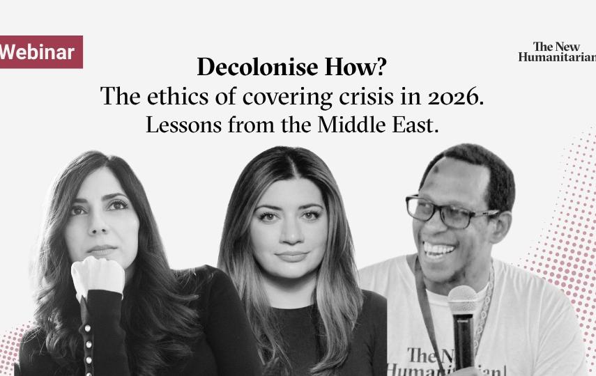 Header image for an episode of the Decolonise How? podcast. At the centre top we see the title: "Decolonise How? The ethics of covering crisis in 2026.Lessons from the Middle East." At the centre bottom in black and white we see the guests, Assal Rad and Sana Saeed with host Patrick Gathara.