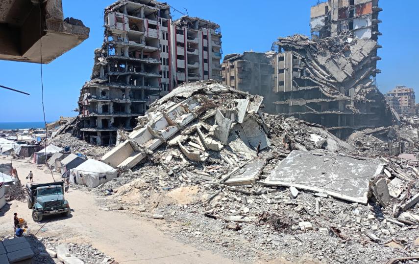 A photo taken from the apartment where Rasha Abou Jalal is living with her family, showing the extent of the destruction in her residential neighbourhood.