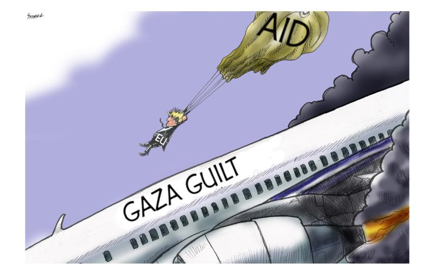 A political cartoon showing a plane crashing. The plane is labeled "GAZA GUILT". A person with a parachute flies out of the plane. The parachute is labeled "AID".