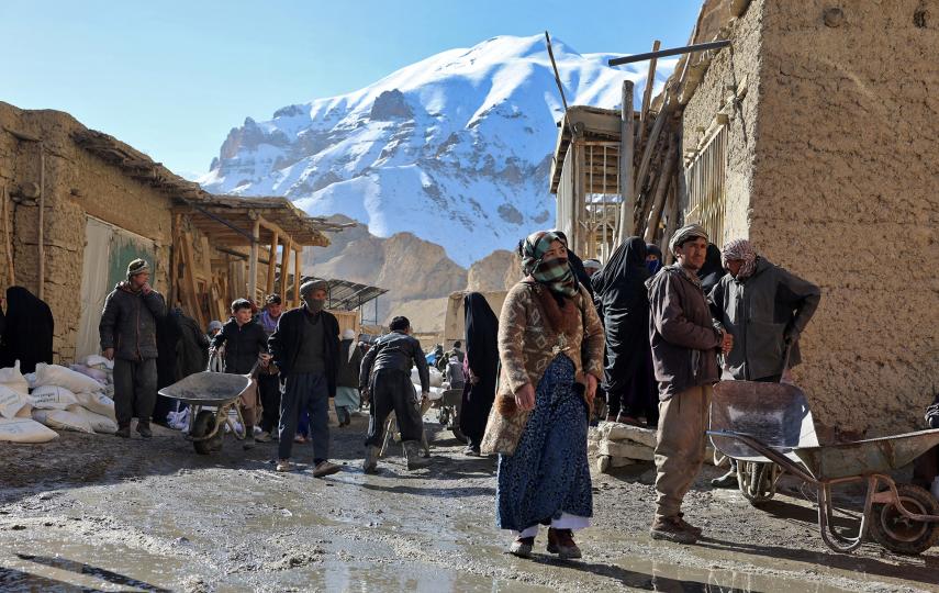 People pictured outside a World Food Programme (WFP) food distribution center in Yakawlang, Bamyan province, Afghanistan, 1 January 2026.