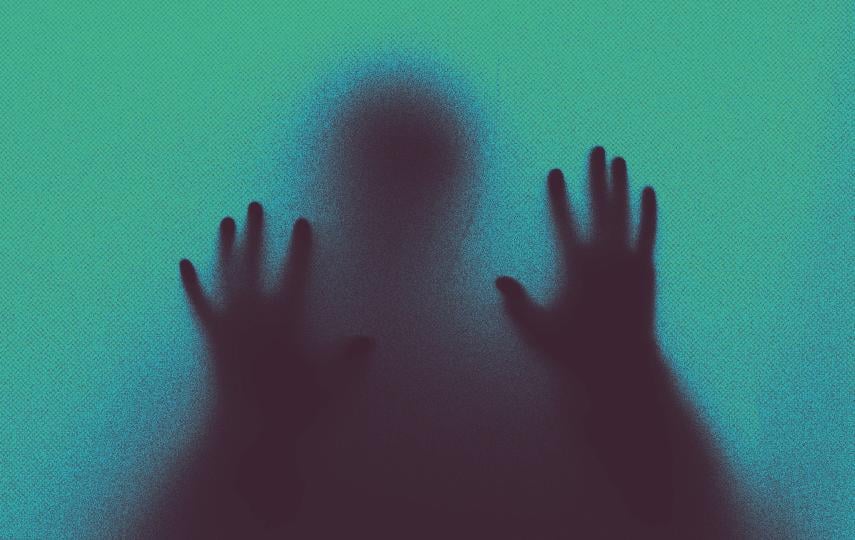 A silhouette of a person with their hands against a window stylised with texture and a green, blue, and deep purple gradient.