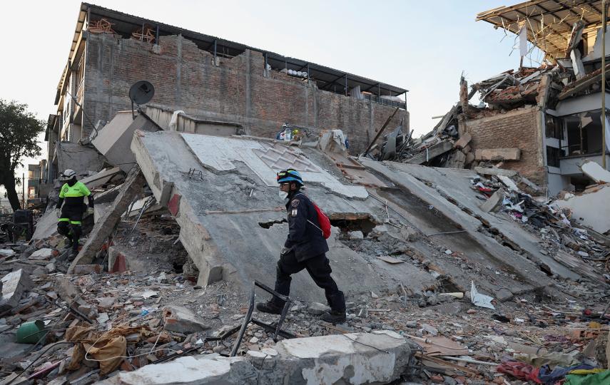 Emergency personnel work at the site of a damaged building following an earthquake, in Pereira, Colombia on 11 August, 2026.
