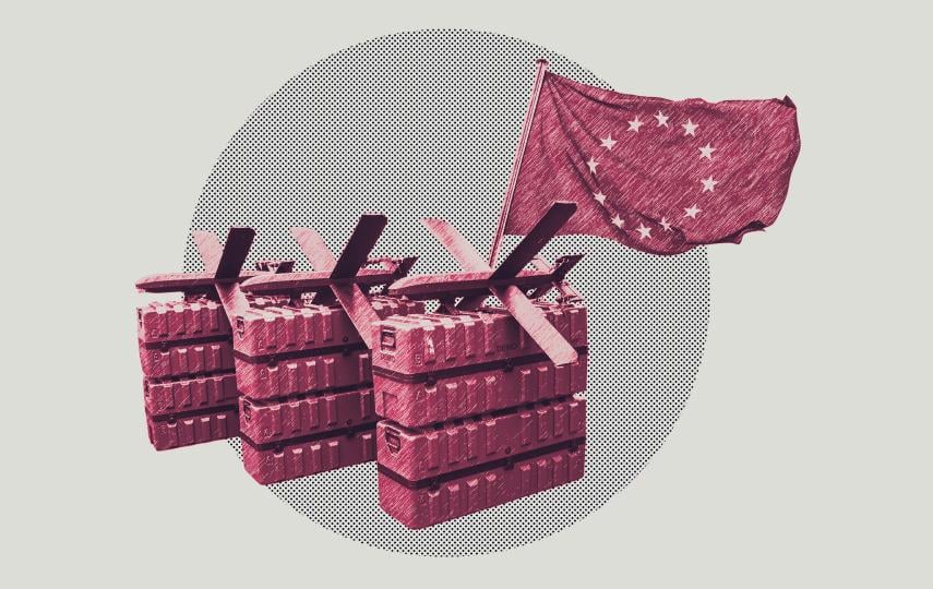 A stylised editorial collage image showing a cut out of military drones and the flag of the EU over a halftone pattern circle.. The images have a pink to black gradient effect on it with some texture.