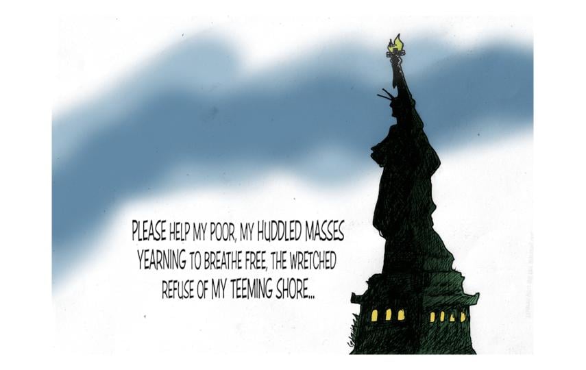 A cartoon showing the Statue of Liberty.