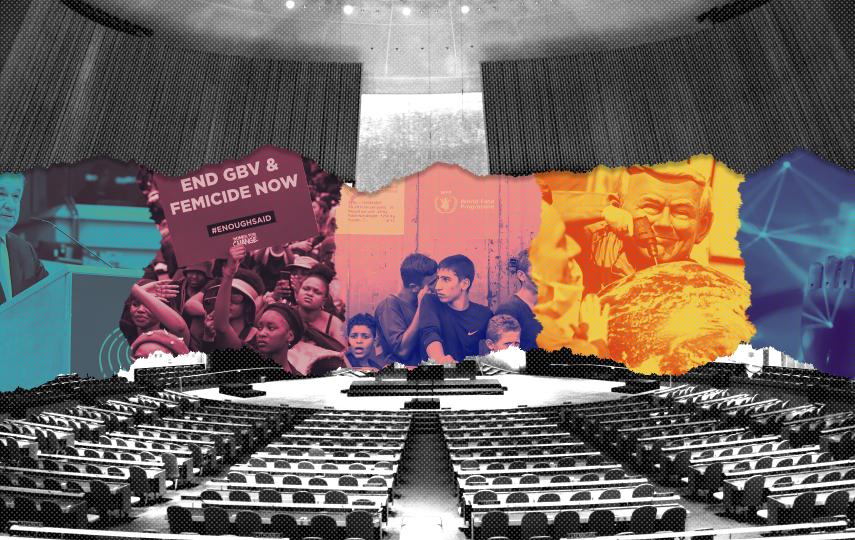 Stylised composite image showing in the background a photo of the UN General Assembly, across the middle of the image a ripped paper effect reveals from left to right a photo of Antonio Guterres, a photo of a protest against gender-based violence in South Africa, Palestinians gathered outside a WFP-supported bakery in Gaza City, activists performing at a protest in COP, and a robotic hand. 