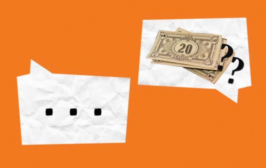A digital editorial collage style image showing two speech bubbles that have the texture of crumpled paper. The bubble on the right shows monopoly bills with a question mark. The one one the lower left shows an ellipses.