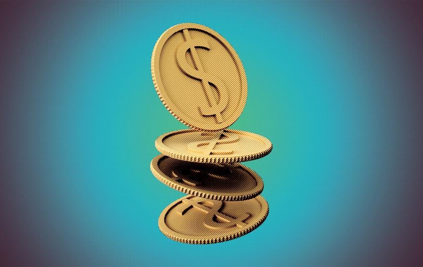 Some 3D illustrions of coins with a $ sign on them are seen frozen in a falling motion over a gradient green, teel and deep purple gradient.