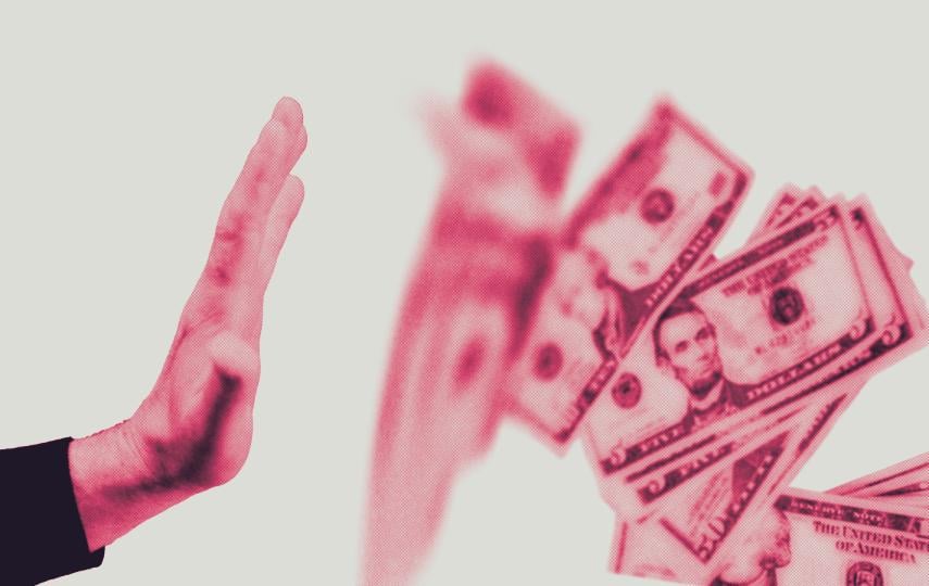 A sideways view of a hand to the left doing a stop sign. On the right are vanishing US dollar bills. The image has a burgundy to white gradient filter.