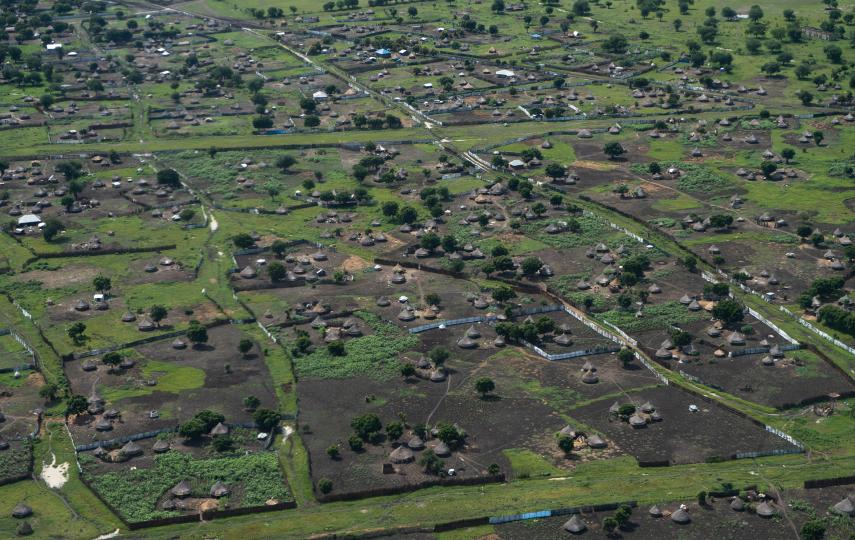 An aerial view of Akobo, with green agricultural land