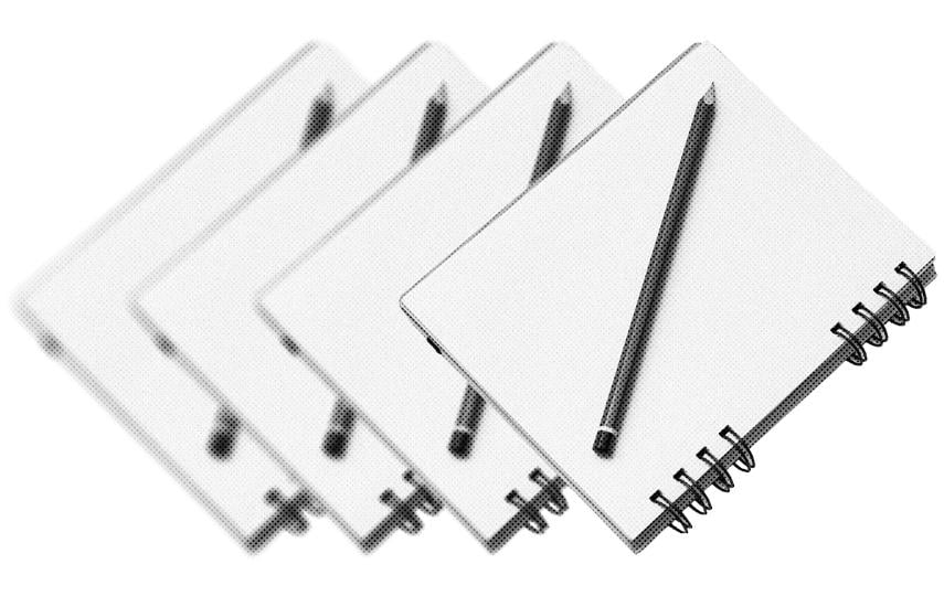 A graphic illustration showing a repeated black and white image of a pencil and a notepad.