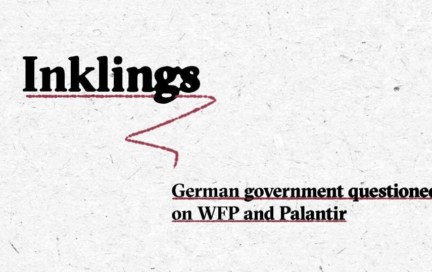 Image with the word “Inklings” in large black bold text, underlined with a dashed red line that curves downward in a zigzag shape. Below, in smaller black bold text, is the subtitle “German government questioned on WFP and Palantir” also underlined with a dashed red line. The background is light grey with a subtle paper texture.