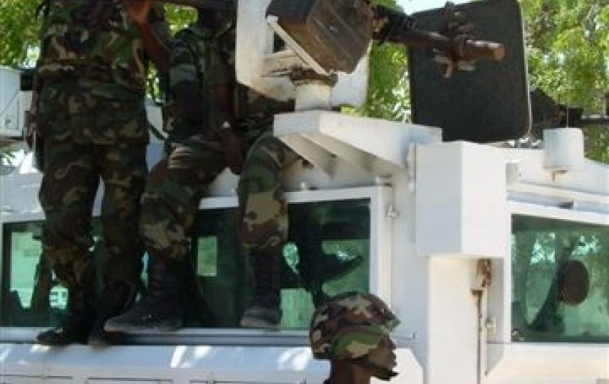 Ugandan African Union peacekeepers in the Somali capital of Mogadishu, 22 march 2007. The mood is tense in the capital, with many shops and businesses shut and roadblocks preventing civilians moving about, especially in the south of Mogadishu.
