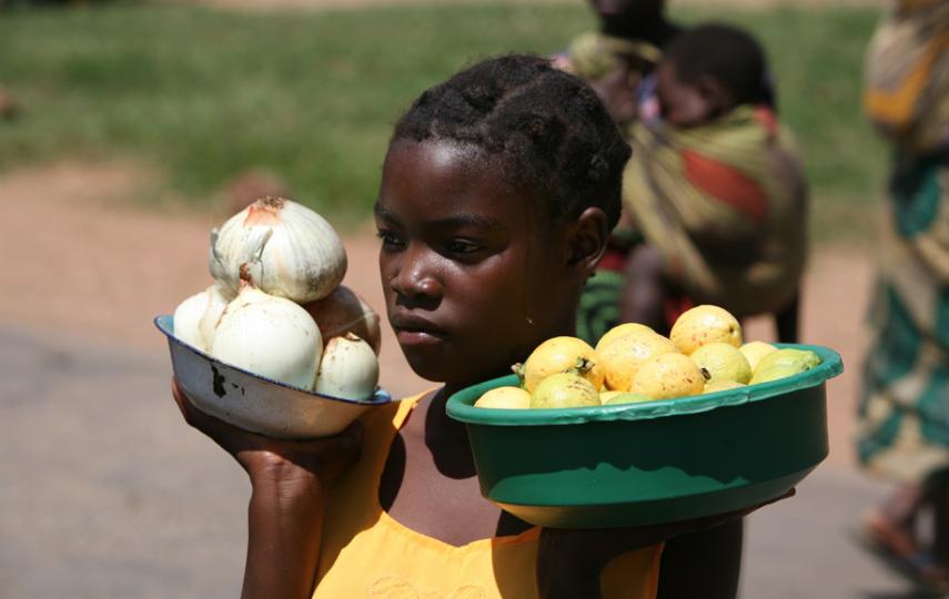A young girl among many selling fruit by the roadside, Zambia, March 2007. Zambia has a high rate of child labour. More than 90 percent of child labourers earn as little as US$3 per month.