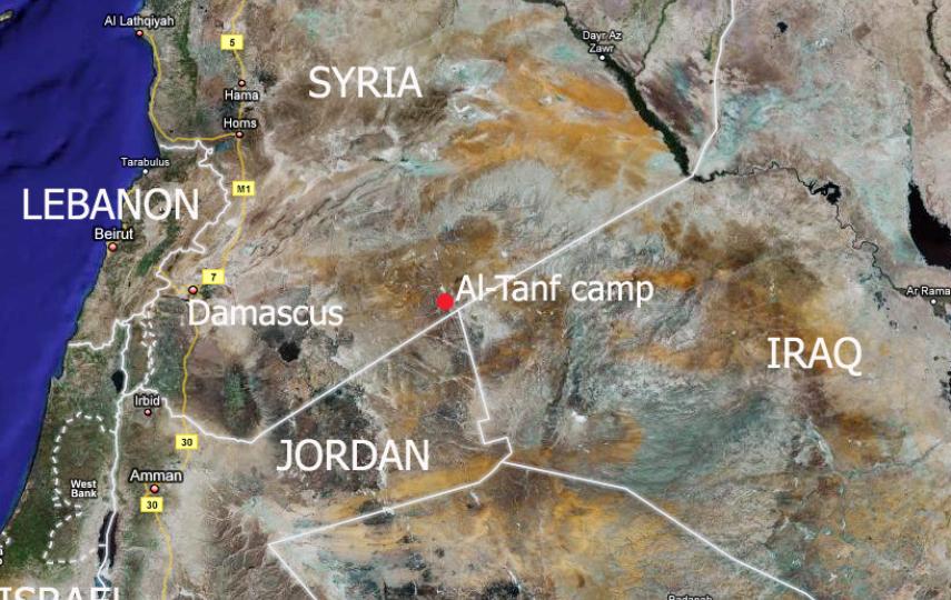 A map showing al-Tanf camp on the Syrian side of the border with Iraq.