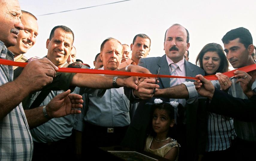 Palestinian and Israeli officials, led by Governor Talal Dweikat cut the ribbon to the power room before the electricity began to flow into Khirbet Jabar.