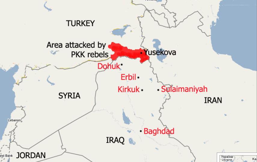 A map of Iraq and the surrounding region highlighting areas where Kurdish PKK rebels have attacked Turkish troops and cities to which Iraqis have fled as a result.