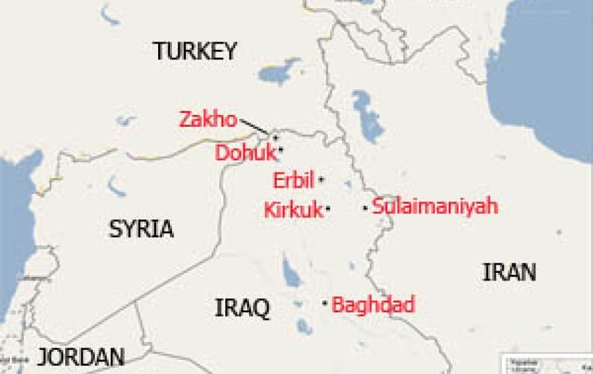 A map of Iraq and the surrounding region highlighting Zakho, on the Iraq-Turket border.