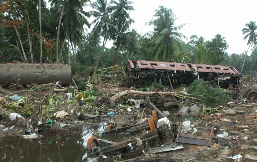The train wreck in Pereliya Village in Galle District, southern Sri Lanka the day after the tsunami hit, 27 December 2004.