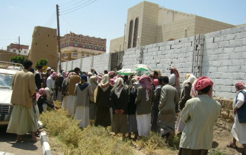 Displaced people gather in Haidan district in Saada.