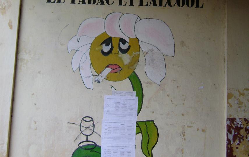 Anti-tobacco, anti-alcohol message painted on wall at Lycee Donka, Conakry, Guinea. 'Tobacco and alcohol kill'. October 2007.