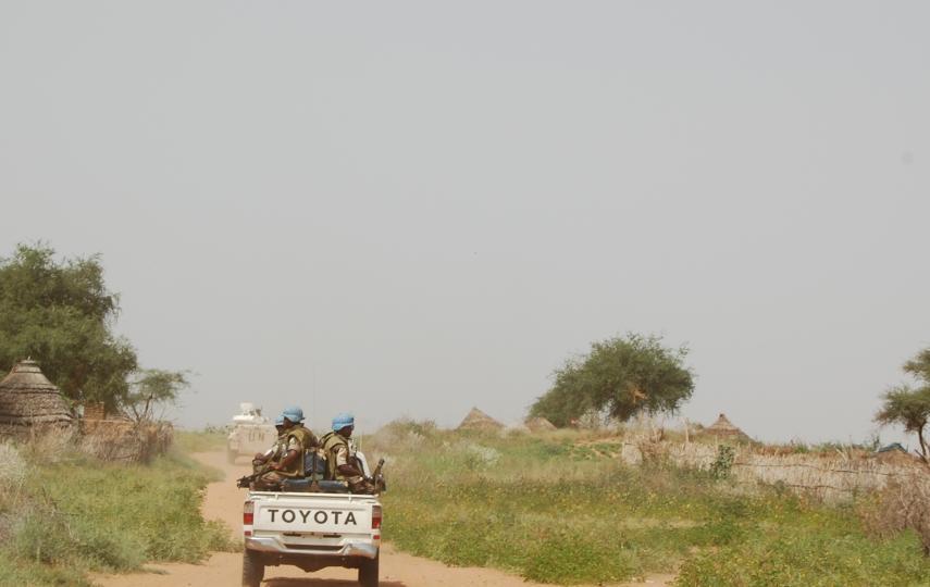 A UNAMID vehicle patrols areas near Tawila, North Darfur. September 2008.