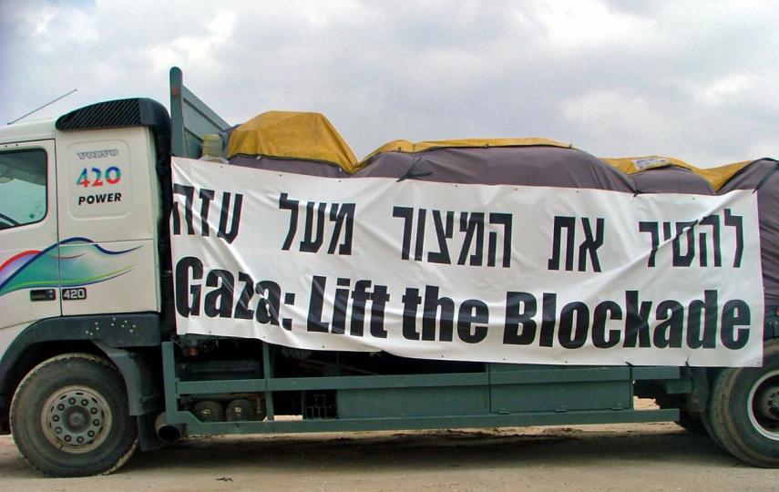 A truck loaded with medical supplies donated by an Israeli NGO waits on the Israeli side of Kerem Shalom Crossing