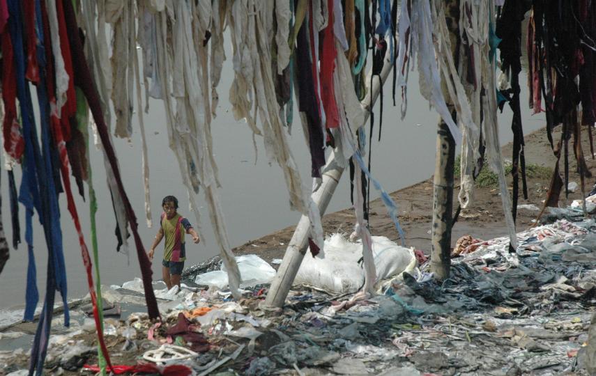 Articles of clothing fished out of the Citarum River drying along its banks. Experts describe the river as one of the dirtiest in the world