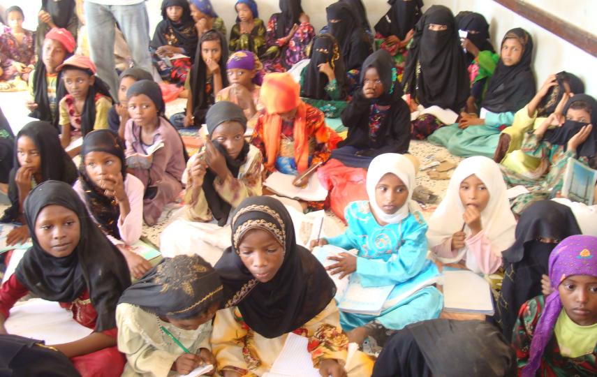 More than 80 girls make up this class in Yarmouk primary school, which is in al-Mazraq IDP camp in Haradh District, Hajjah Governorate, northern Yemen