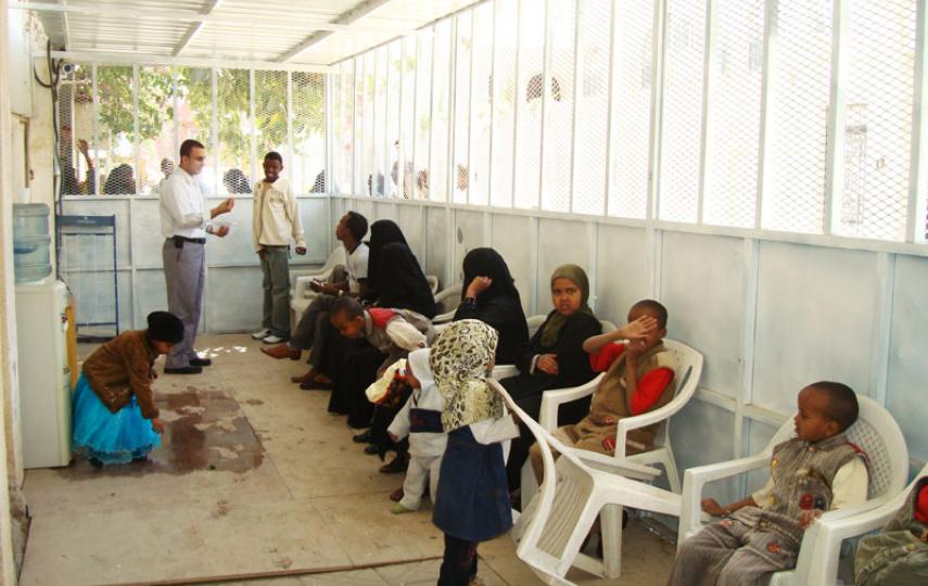 New Somali arrivals wait for refugee IDs at the UN Refugee Agency's Sanaa office